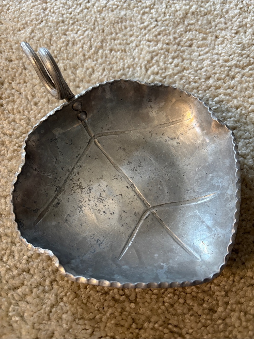 Vintage Buenilum Aluminum Leaf Dish with Handle Hand Wrought Mid-Century Modern